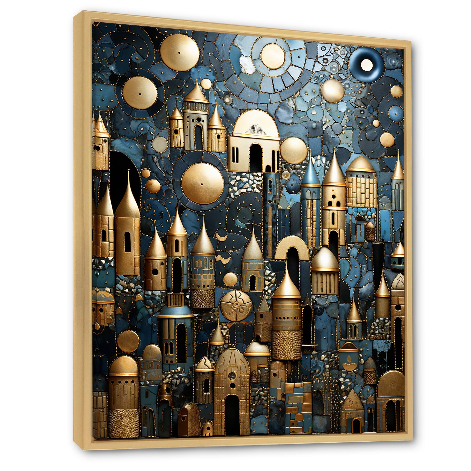 Designart "Cityscape With Castle In Vintage Gold And Blue I" Abstract